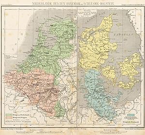 Bild des Verkufers fr Niederlande, Belgien, Dnemark und Schleswig-Holstein. Politische Karte, Mastab 1 : 2 355 000. Original historischer grenzkolorierter Stahlstich von 1886 zum Verkauf von Antiquariat Kastanienhof