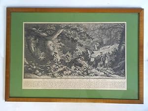 Bild des Verkufers fr Der Hirsch wird von denen Parforce Hunden angefallen und ihme der Fang gegeben - Kupferstich von 1756 in Reproduktion zum Verkauf von Celler Versandantiquariat