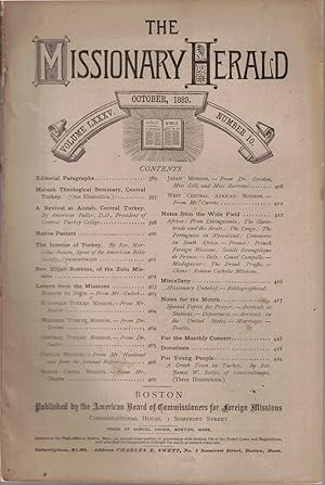 Bild des Verkufers fr The Missionary Herald Vol. LXXXV No. 10, October 1889 zum Verkauf von Kenneth Mallory Bookseller ABAA