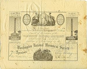 ORNATE CERTIFICATE OF MEMBERSHIP FOR THE BUILDING OF THE WASHINGTON NATIONAL MONUMENT -- SIGNED I...