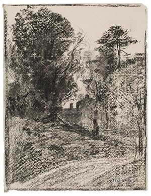 Impressionistic landscape with house, figure and trees.