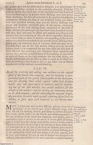 Imagen del vendedor de South Sea Bubble : National Debt Act 1722 c. 6. An act for reviving and adding two millions to the capital stock of the South Sea Company. a la venta por Cosmo Books