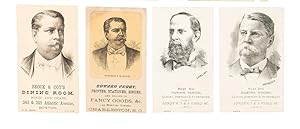 TWELVE ILLUSTRATED CABINET CARDS ADVERTISING VARIOUS MERCHANTS, WITH PORTRAITS OF 1880 DEMOCRATIC...