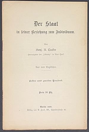 Imagen del vendedor de Der Staat in seiner Beziehung zum Individuum. Erstes und zweites Tausend a la venta por Bolerium Books Inc.