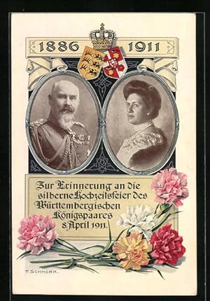 Bild des Verkufers fr Knstler-Ansichtskarte Knigspaar von Wrttemberg - Silberhochzeit 1911 - Portraits, Krone, Wappen, Nelken zum Verkauf von Bartko-Reher