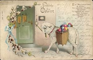 Litho Glückwunsch Ostern, Lamm mit Ostereiern läutet an Türglocke
