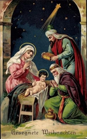 Bild des Verkufers fr Ansichtskarte / Postkarte Glckwunsch Weihnachten, Heilige Familie, Knige, Geschenke, Jesus zum Verkauf von akpool GmbH