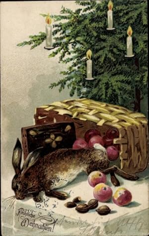 Präge Ansichtskarte / Postkarte Glückwunsch Weihnachten, Tannenbaum, Früchte, Nüsse, Hase