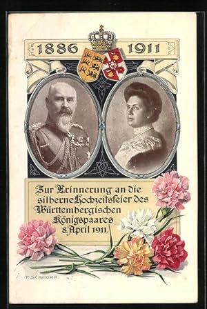Bild des Verkufers fr Knstler-Ansichtskarte Knigspaar von Wrttemberg - Erinnerungskarte an Silberhochzeit 1911 zum Verkauf von Bartko-Reher