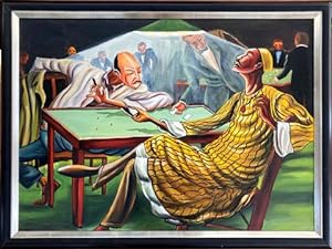 Bild des Verkufers fr Gemlde "Im Casino". l auf Leinwand. Zwei Spieler beim Wrfeln am Spieltisch, unter einer Lampe sitzend. Rckseitig signiert und datiert (Billard-Club New York 1985). Gerahmt. zum Verkauf von HENNWACK - Berlins grtes Antiquariat