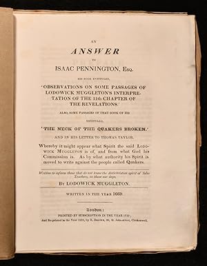 An Answer to Isaac Pennington , Esq. His Book Entitled, 'Observations on Some Passages of Lodowic...