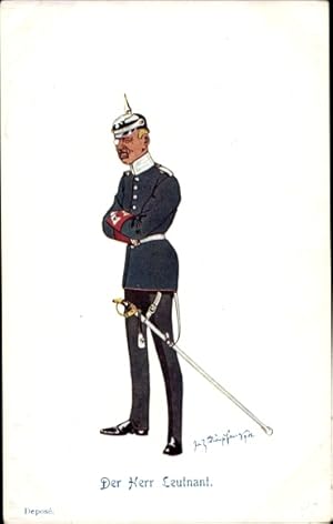 Künstler Ansichtskarte / Postkarte Schönpflug, Fritz, Der Herr Leutnant, Uniform, Säbel, Pickelhaube