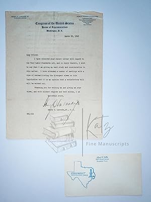 Imagen del vendedor de 1949 Letter from Louisiana US Congressman about the Fair Labor Standards Act a la venta por Katz Fine Manuscripts Inc.