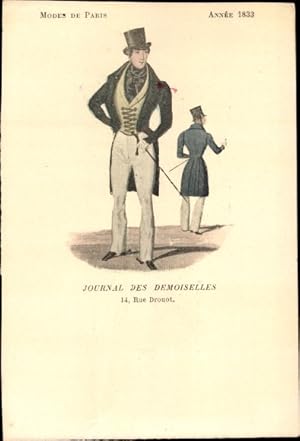 Bild des Verkufers fr Ansichtskarte / Postkarte Mode de Paris 1833, Journal des Demoiselles, Rue Drouot, Mann im Frack mit Zylonder zum Verkauf von akpool GmbH