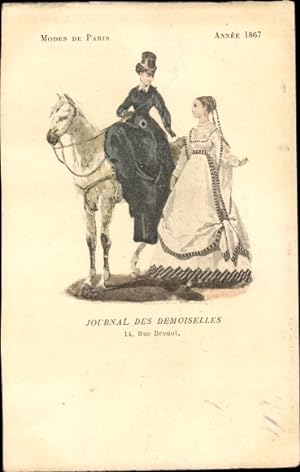 Bild des Verkufers fr Ansichtskarte / Postkarte Mode de Paris 1867, Journal des Demoiselles, Rue Drouot, Reiterin und Dienerin zum Verkauf von akpool GmbH