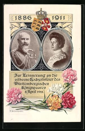 Bild des Verkufers fr Knstler-Ansichtskarte Portraits zur Silberhochzeit des Knigspaares von Wrttemberg 1911 mit Wappen und Krone zum Verkauf von Bartko-Reher