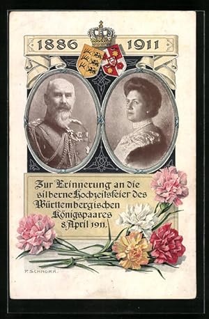 Bild des Verkufers fr Knstler-Ansichtskarte Erinnerungskarte zur Silberhochzeit des Knigspaares von Wrttemberg 1911, Portraits mit Wappen und Krone zum Verkauf von Bartko-Reher