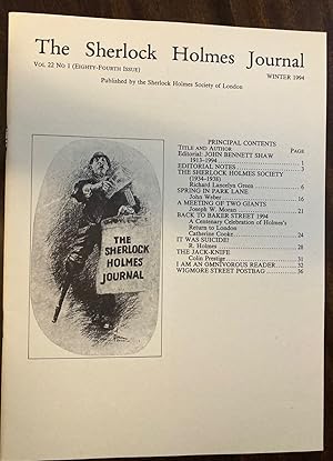 Seller image for The Sherlock Holmes Journal Vol. 22 No. 1 (Eighty-fourth Issue) Winter 1994 for sale by biblioboy