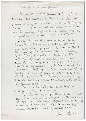 HOLOGRAPH MANUSCRIPT FOR "WHAT IS A WRITER'S FREEDOM?" - TOGETHER WITH A SHORT ALS