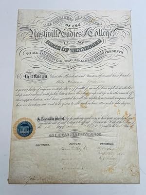 1856 Diploma From Nashville Ladies College