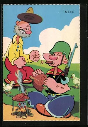 Ansichtskarte Popeye der Seemann als Soldat bei einer Mahlzeit