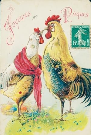 Glitzer Präge Ansichtskarte / Postkarte Glückwunsch Ostern, Hahn und Huhn