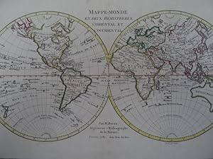 Bild des Verkufers fr Mappe Monde en Deux Hmispheres, l'Oriental et l'Occidental. Grenzkolorierte Kupferstichkarte von R. Bonne aus: Atlas Portatif  l'Usage des Colleges, Pour Servir  l'Intelligence des Auteurs Classiques. Paris, 1781. 21,5 x 32,5 cm. zum Verkauf von Antiquariat Daniel Schramm e.K.