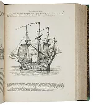 Bild des Verkufers fr Glossaire nautique. Rpertoire polyglotte de termes de marine anciens et modernes.Paris, Firmin Didot frres, 1848. Large 4to (28.5 x 22.5 x 10 cm). Printed in two columns, with many steel engraved illustrations in the text showing ancient, medieval and later ships (some showing small parts in detail) by Alexandre-Nicolas Belhatte (b. 1811) after A. Mayer, and 2 full-page engraved plates: "Une Galre du 17e sicle" and "Elevation et coupe du Montebello, Vaisseau de 120 canons", with an extra added plate of the "Montebello" under sail (1812/21) loosely inserted. Contemporary half calf. zum Verkauf von ASHER Rare Books