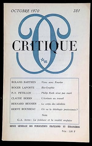 Bild des Verkufers fr Critique n281 octobre 1970 zum Verkauf von LibrairieLaLettre2