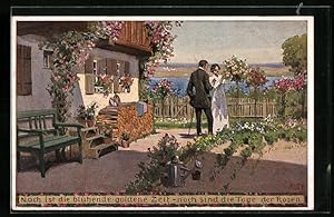 Bild des Verkufers fr Knstler-Ansichtskarte Paul Hey: Sommer - Paar im Garten mit Rosen zum Verkauf von Bartko-Reher