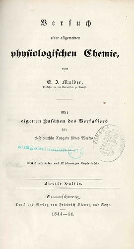 Bild des Verkufers fr Versuch einer allgemeinen physiologischen Chemie (nur zweite Hlfte 1844-1851) zum Verkauf von Libro-Colonia (Preise inkl. MwSt.)