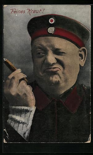 Ansichtskarte Feines Kraut!, Soldat raucht eine Zigarre