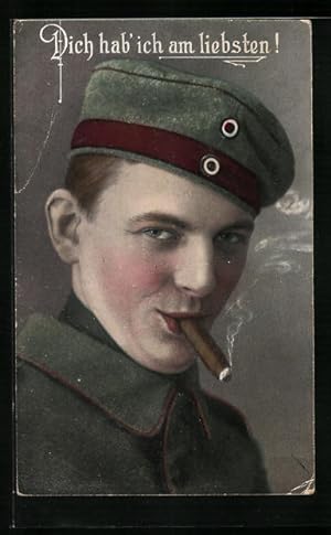 Ansichtskarte Dich hab` ich am liebsten!, Soldat raucht eine Zigarre