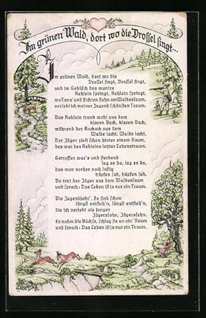 Bild des Verkufers fr Knstler-Ansichtskarte Lied Im grnen Wald. - Text, Tiere und Jger im Wald zum Verkauf von Bartko-Reher