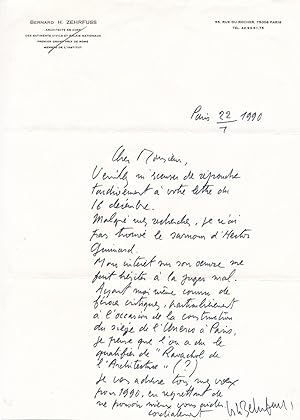 Bernard ZEHRFUSS lettre autographe signée