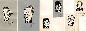 37 karikaturen van buitenlandse politici, met de schaar geknipt uit zwart papier en op witte of g...