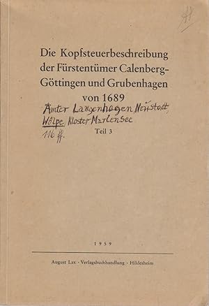 Die Kopfsteuerbeschreibung der Fürstentümer Calenberg-Göttingen und Grubenhagen von 1689, Teil 3 ...