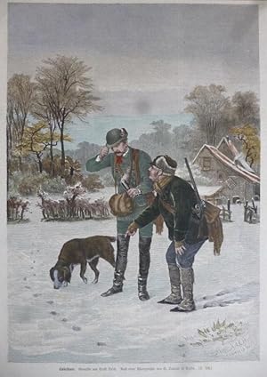 kolorierter Holzstich - Spürschnee ( Jagd Jäger Jagdhund Fährte )