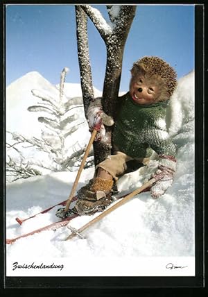 Ansichtskarte Mecki fährt beim Skifahren gegen einen Baum