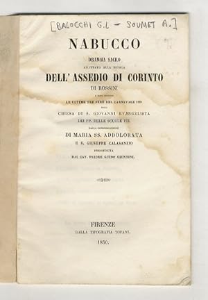 Nabucco. Dramma sacro adattato alla musica dell'assedio di Corinto di Rossini e fatto eseguire le...