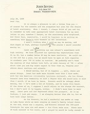 Original three-page typed letter signed from John Irving to James Salter, 1998