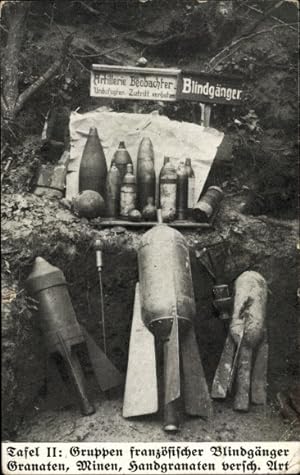 Ansichtskarte / Postkarte Gruppen französischer Blindgänger Granaten, Minen, Handgranaten, I WK