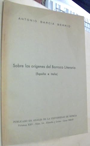 Seller image for Sobre los orgenes del Barroco literaro (Espaa e talia). Separata publicado en Anales de la Universidad de Murcia. Volumen XXV. N 3-4. Curso 1966-67. Con dedicatoria autgrafa for sale by Librera La Candela