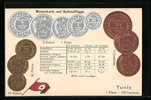 Präge-Ansichtskarte Tunesische Münzen und Nationalflagge