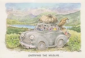 Broken Down Mini Classic Car Holiday Trip Comic Postcard