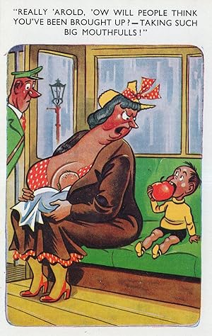 Train Carriage Lady Big Mouthfuls Ticket Inspector Comic Postcard