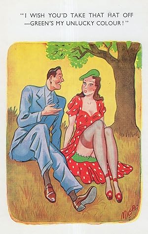 Giant Man With Fonz Haircut Chatting Up Girl In Park Comic Postcard