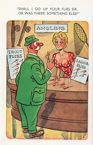 Fishing Net Angling Trout Flies Fisherman Shop Old Comic Postcard