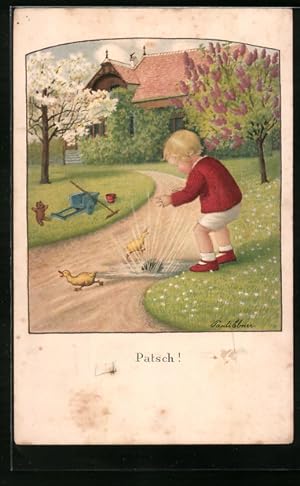 Bild des Verkufers fr Knstler-Ansichtskarte Pauli Ebner: Junge lsst einen Stein in eine Pftze platschen zum Verkauf von Bartko-Reher
