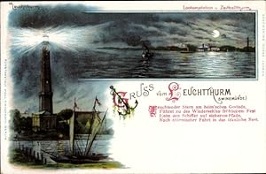 Mondschein Litho Warszów Osternothafen Swinemünde Pommern, Leuchtturm